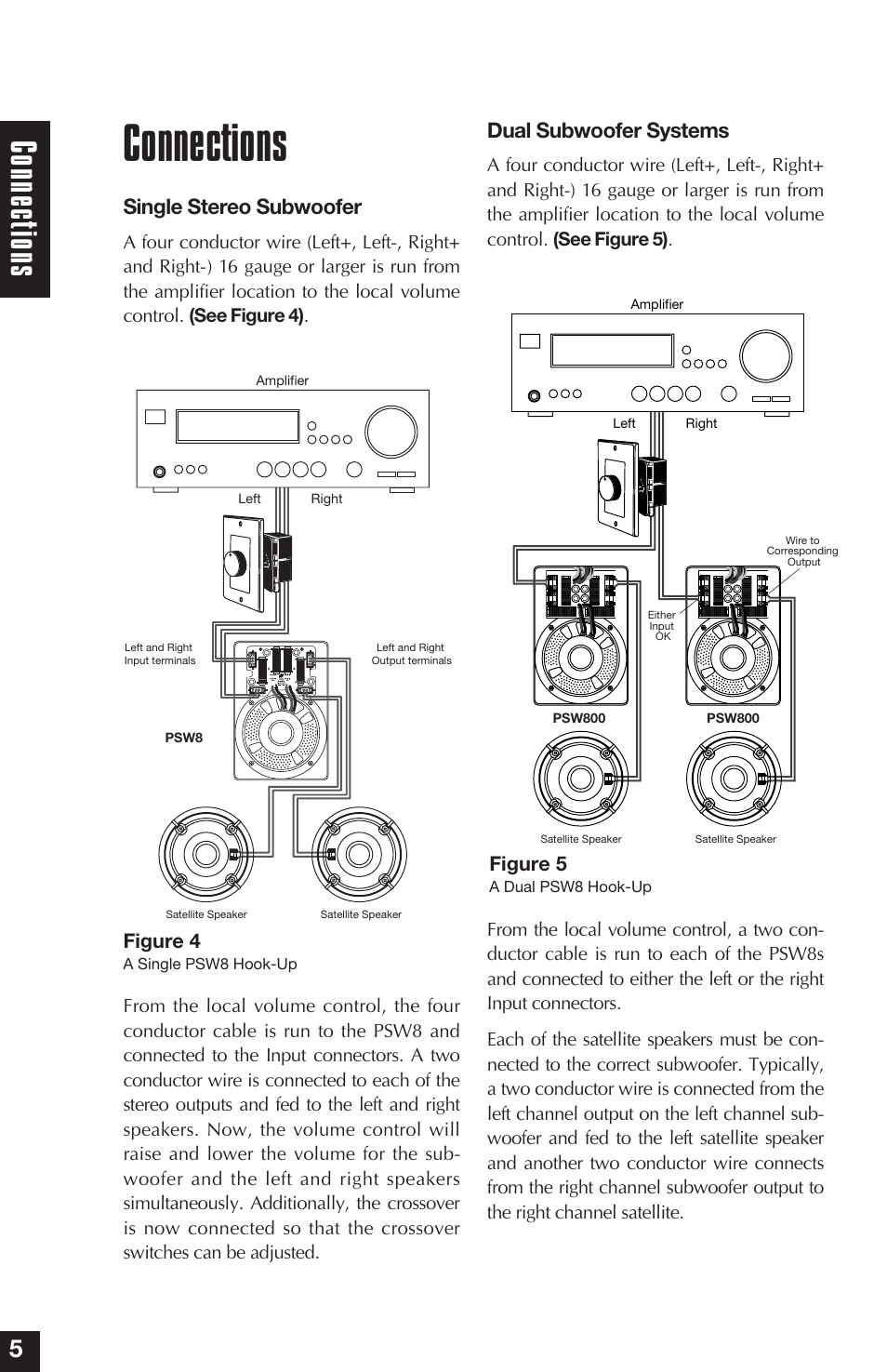 Connections, Connec tions, Single stereo subwoofer | Dual subwoofer systems, Figure 4, Figure 5 | Niles Audio PSW8 User Manual | Page 6 / 28