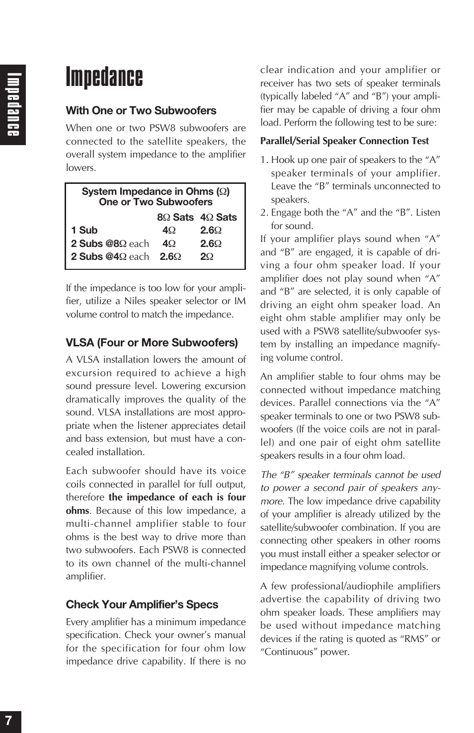 Impedance | Niles Audio PSW8 User Manual | Page 8 / 28