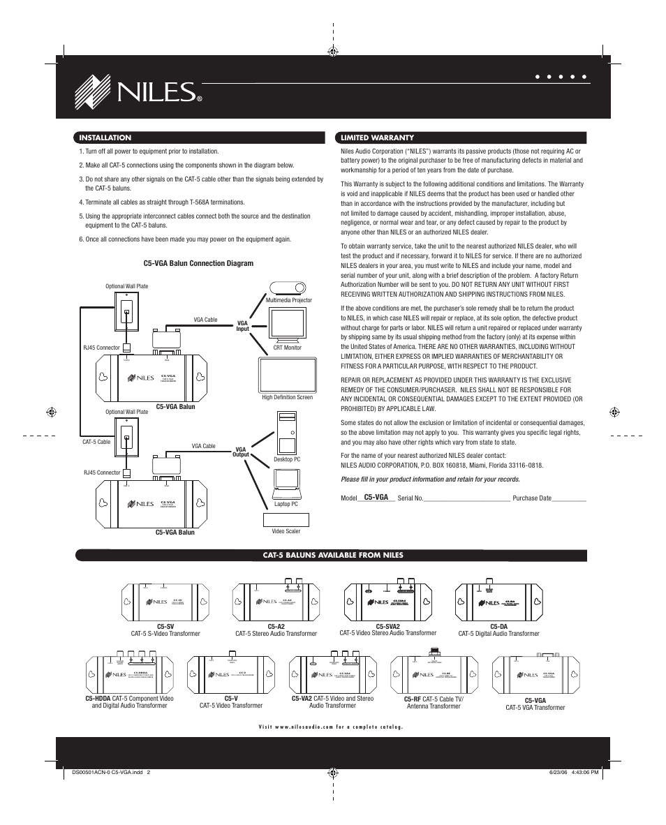 C5-vga balun connection diagram c5-vga, Cat-5 baluns available from niles, C5-va2 cat-5 video and stereo audio transformer | C5-rf cat-5 cable tv/ antenna transformer, C5-vga cat-5 vga transformer, C5-v cat-5 video transformer, C5-da cat-5 digital audio transformer, C5-sva2 cat-5 video stereo audio transformer, C5-a2 cat-5 stereo audio transformer, C5-sv cat-5 s-video transformer | Niles Audio NILES C5-VGA User Manual | Page 3 / 3