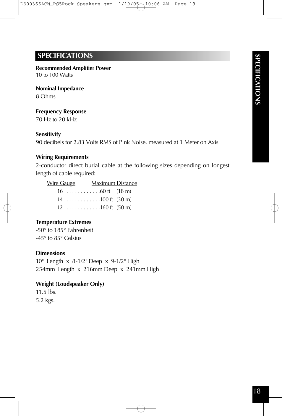 18 specifications | Niles Audio RS5 User Manual | Page 19 / 24