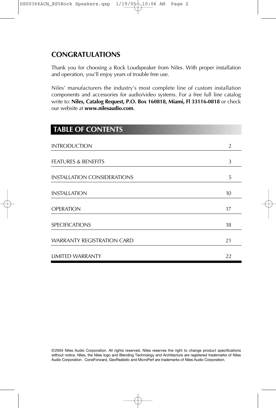 Niles Audio RS5 User Manual | Page 2 / 24
