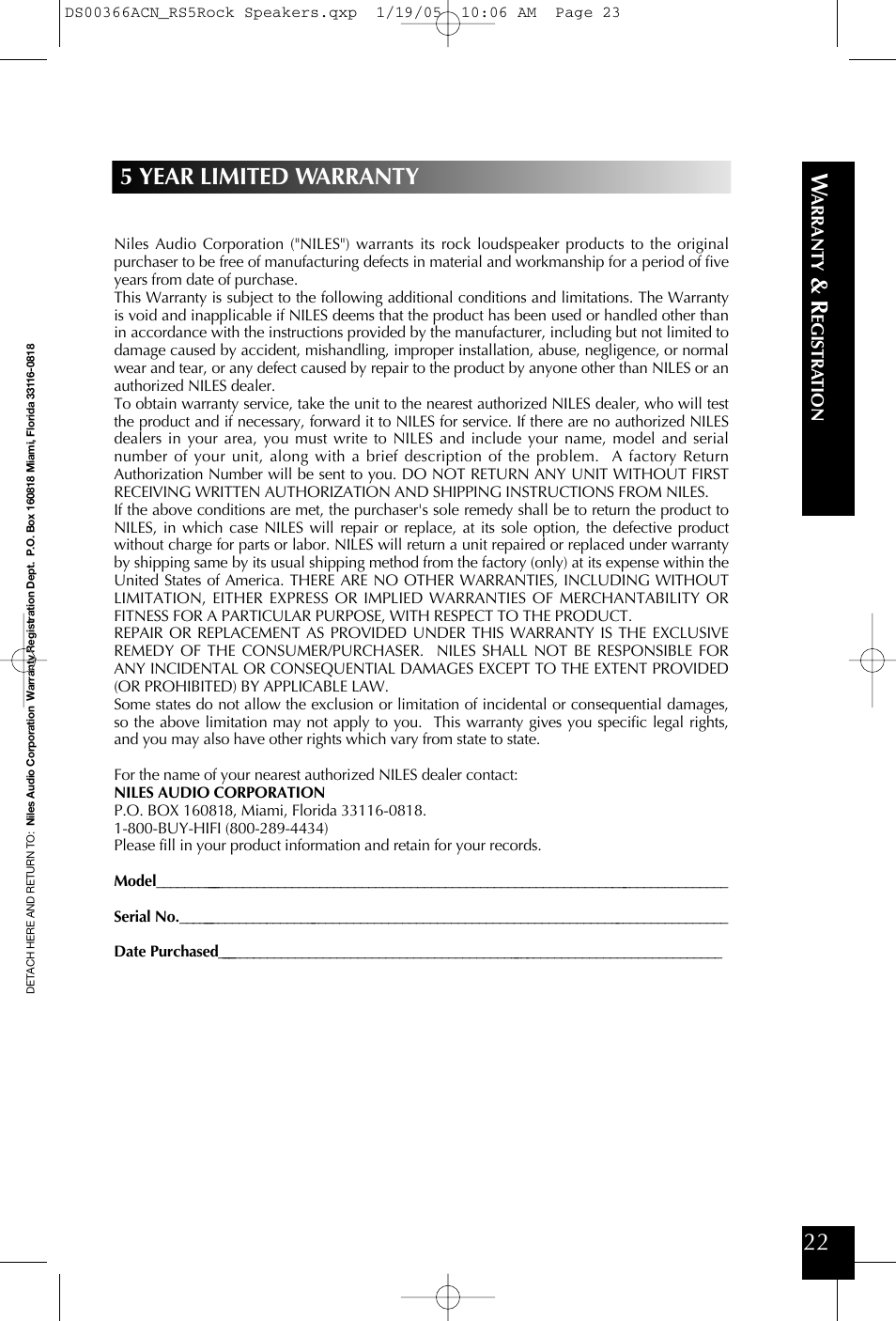 5 year limited warranty | Niles Audio RS5 User Manual | Page 23 / 24