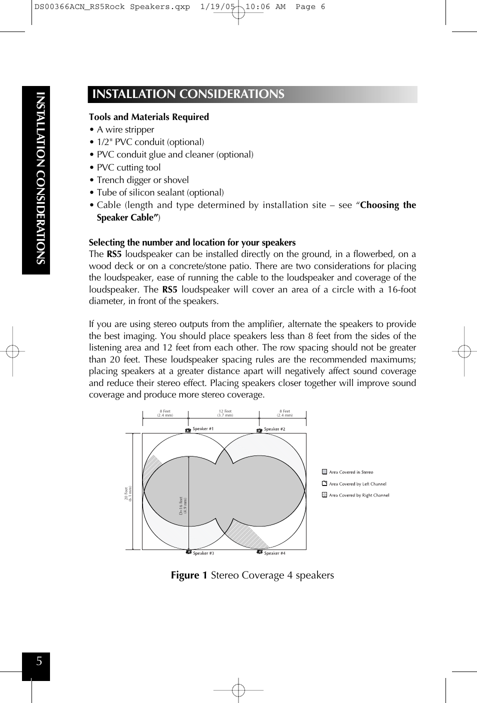 Installation considerations, Figure 1 stereo coverage 4 speakers | Niles Audio RS5 User Manual | Page 6 / 24