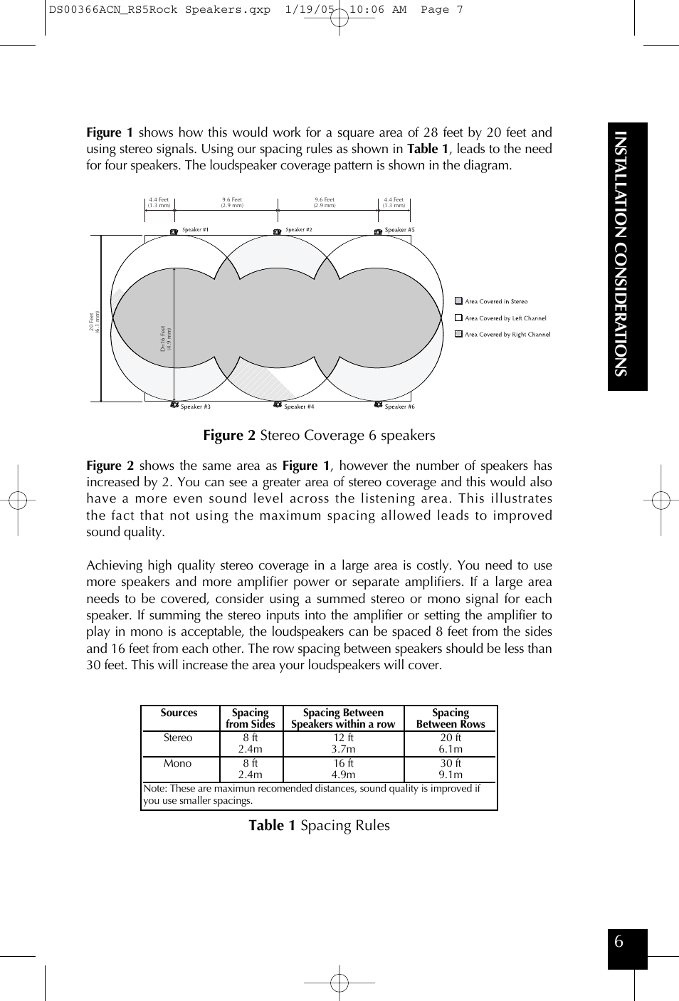 Table 1 spacing rules, Figure 2 stereo coverage 6 speakers | Niles Audio RS5 User Manual | Page 7 / 24