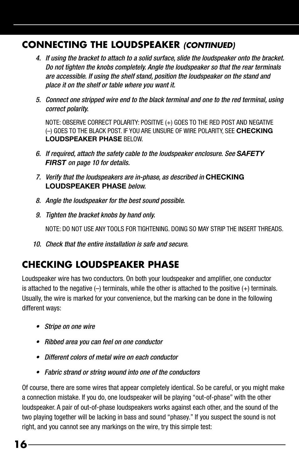 Connecting the loudspeaker, Checking loudspeaker phase | Niles Audio OS5.5 User Manual | Page 18 / 24