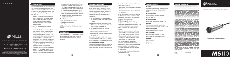 Niles Audio Flush-Mount IR MicroSensor MS110 User Manual | 2 pages