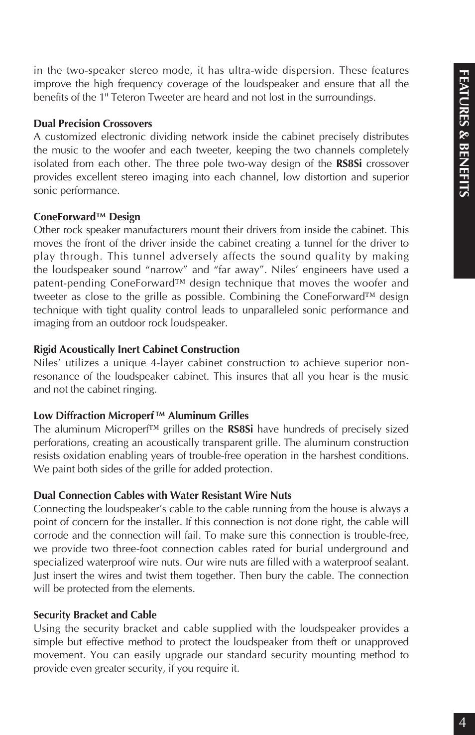 Fe at u res & benefits | Niles Audio Niles RS8Si Sandstone User Manual | Page 5 / 24