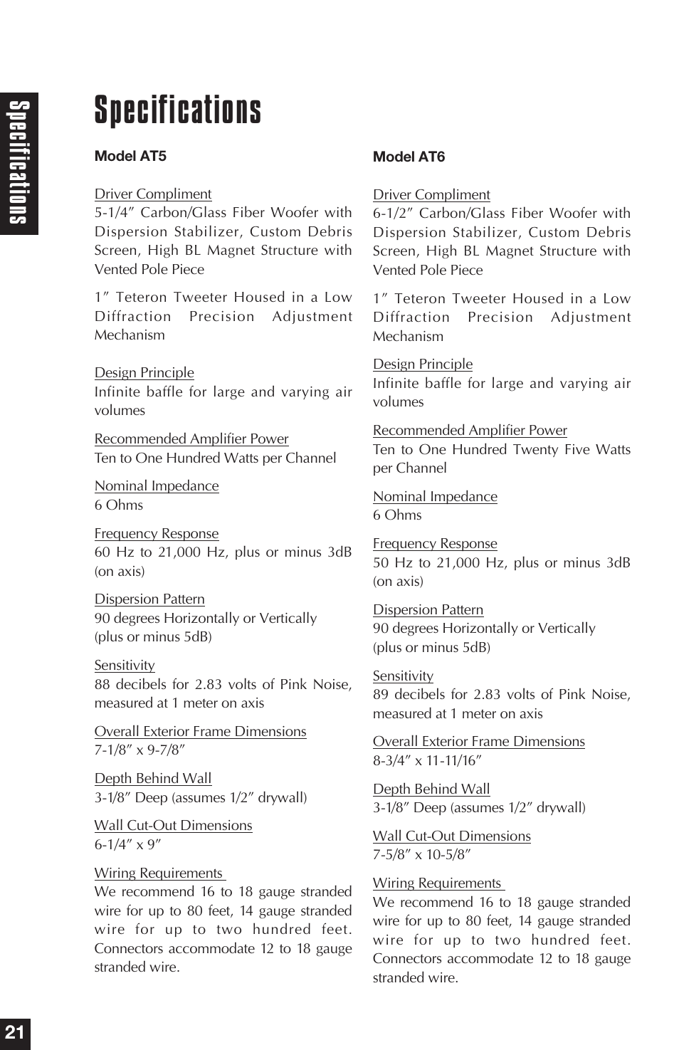 Specifications, Specifica tions | Niles Audio AT5 User Manual | Page 12 / 28