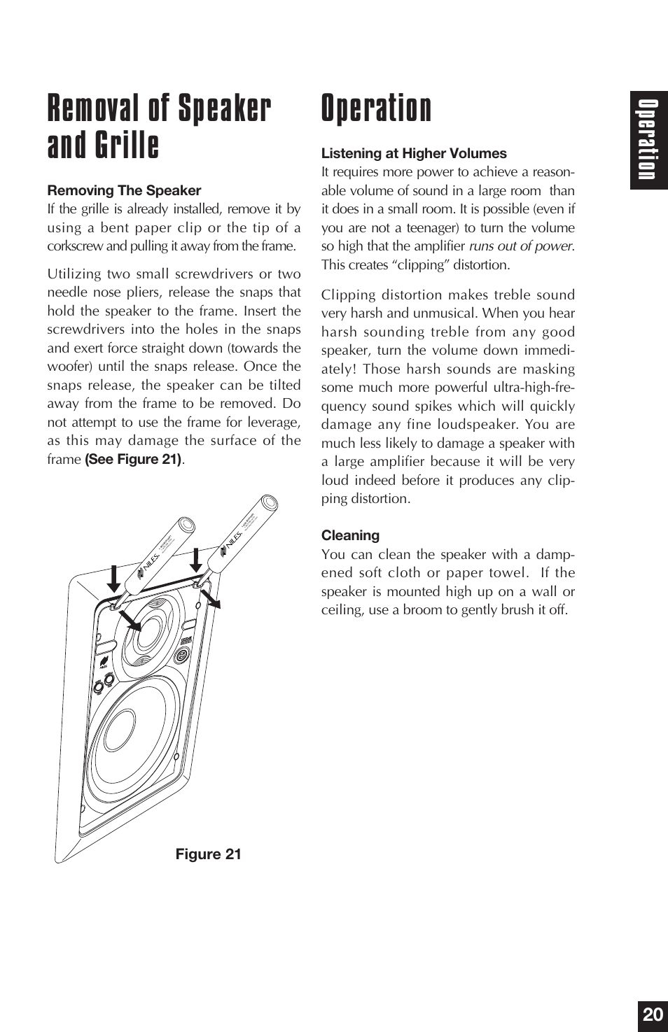 Removal of speaker and grille, Operation, Oper ation | Figure 21 | Niles Audio AT5 User Manual | Page 15 / 28