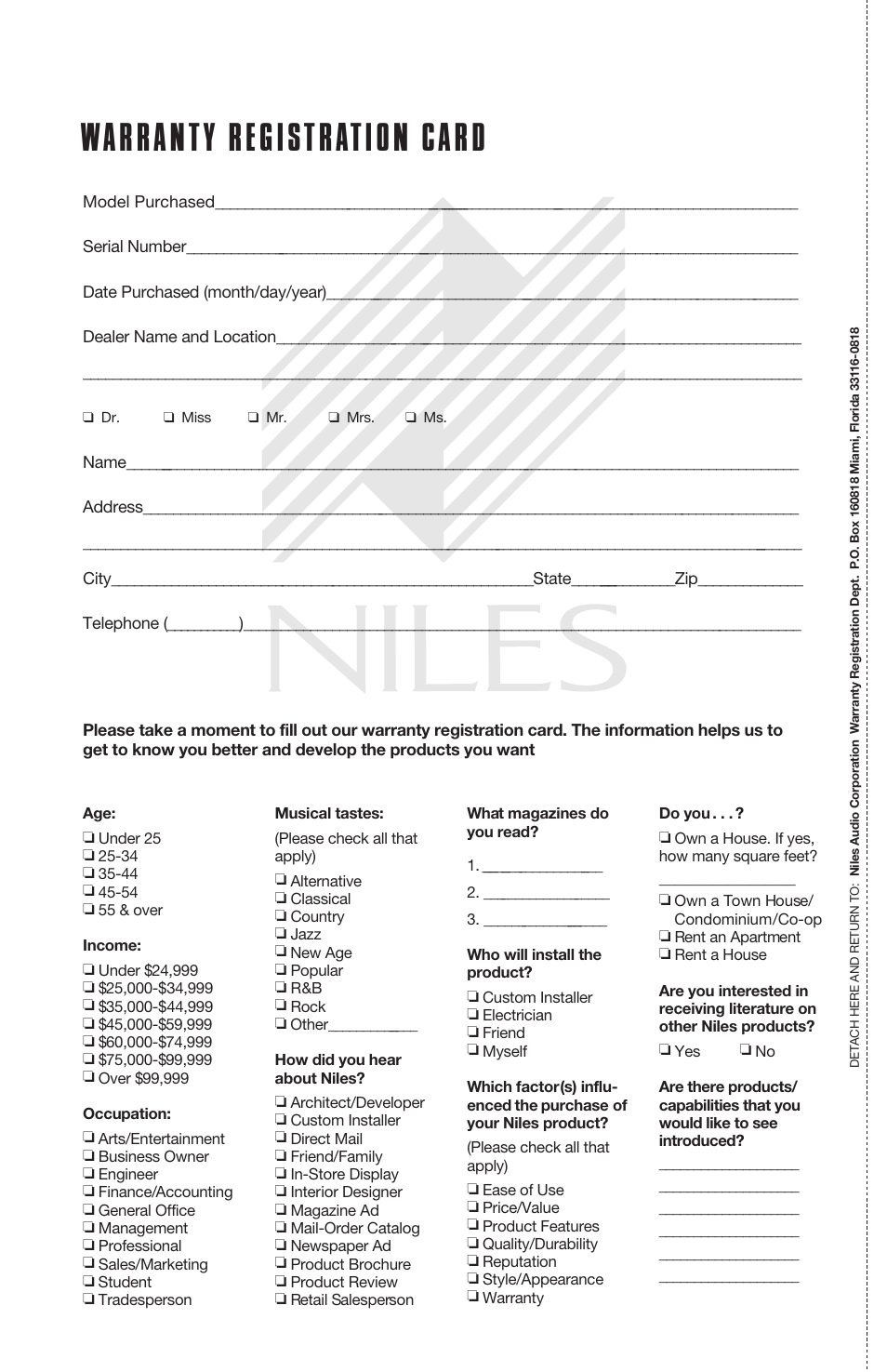 Warranty registration card | Niles Audio AT5 User Manual | Page 4 / 28