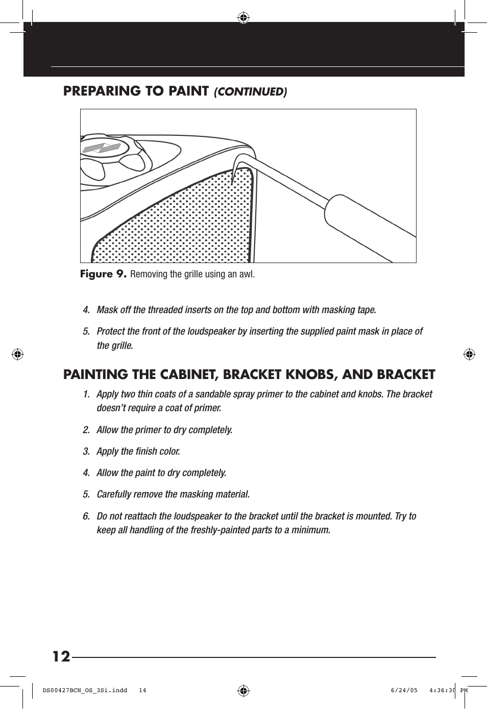 Painting the cabinet, bracket knobs, and bracket, Preparing to paint | Niles Audio OS6.3Si User Manual | Page 14 / 24