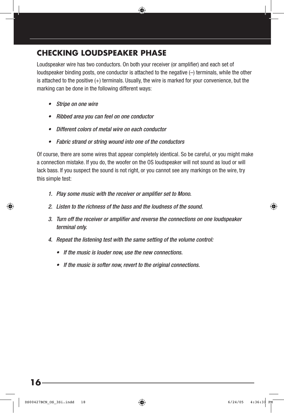 Checking loudspeaker phase | Niles Audio OS6.3Si User Manual | Page 18 / 24