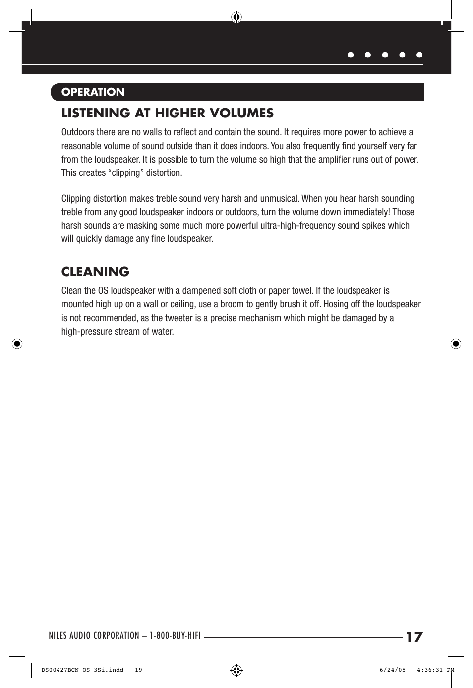 Listening at higher volumes, Cleaning | Niles Audio OS6.3Si User Manual | Page 19 / 24