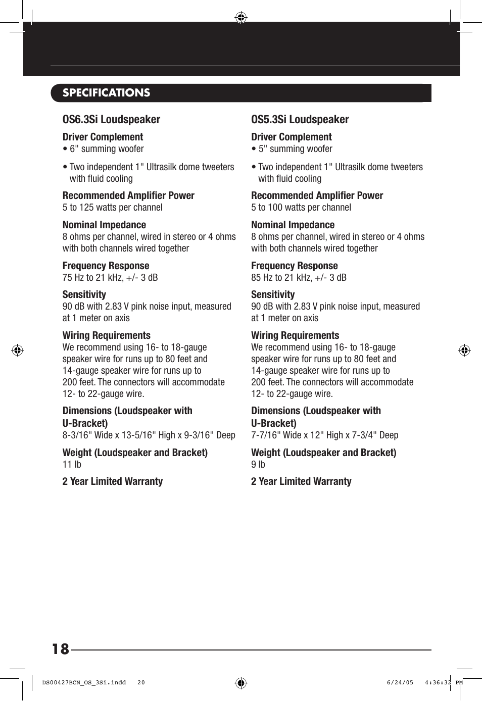 Os6.3si loudspeaker, Os5.3si loudspeaker | Niles Audio OS6.3Si User Manual | Page 20 / 24