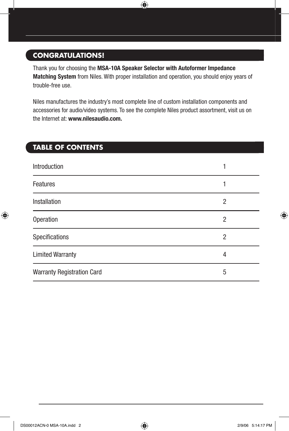 Niles Audio MSA-10A User Manual | Page 2 / 8