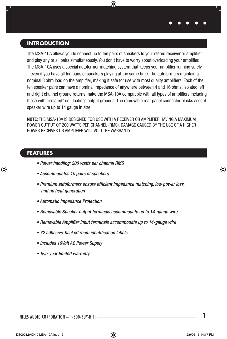 Niles Audio MSA-10A User Manual | Page 3 / 8