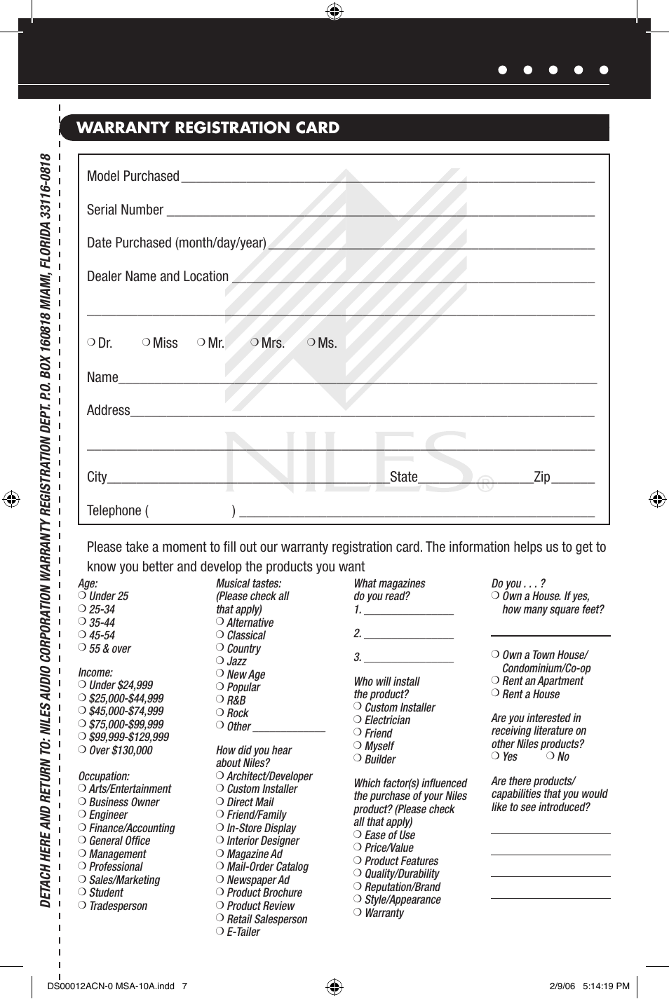 Warranty registration card | Niles Audio MSA-10A User Manual | Page 7 / 8