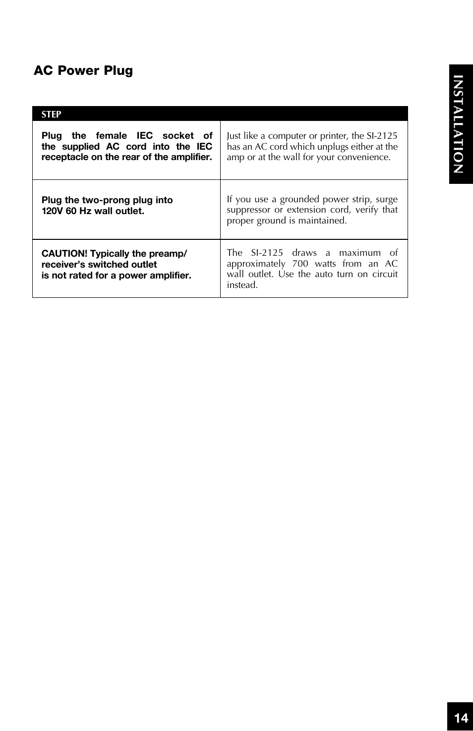 14 installation ac power plug | Niles Audio SI-2125 User Manual | Page 15 / 20