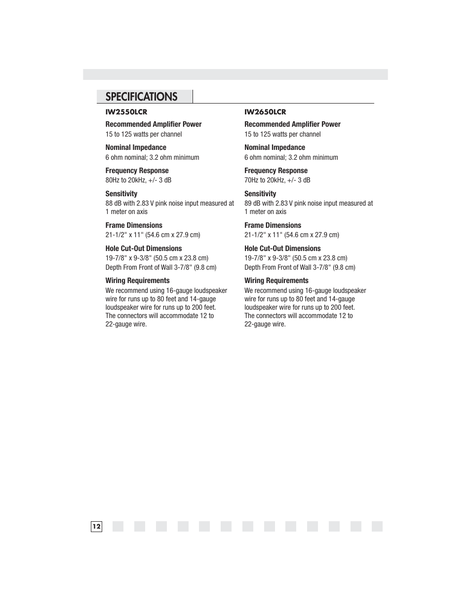 Specifications | Niles Audio IW2770LCR User Manual | Page 14 / 16