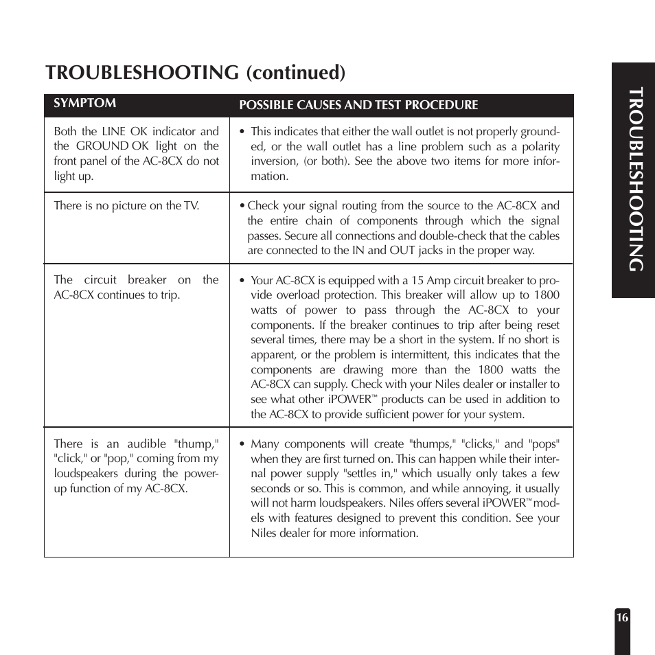 Troubleshooting (continued) | Niles Audio AC-8CX User Manual | Page 19 / 23