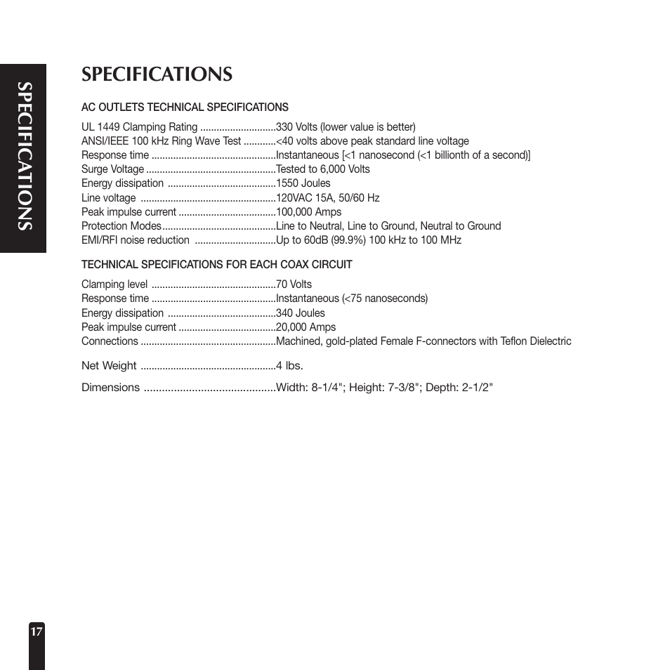 Specifications, Sp ec if ic a t io n s | Niles Audio AC-8CX User Manual | Page 20 / 23