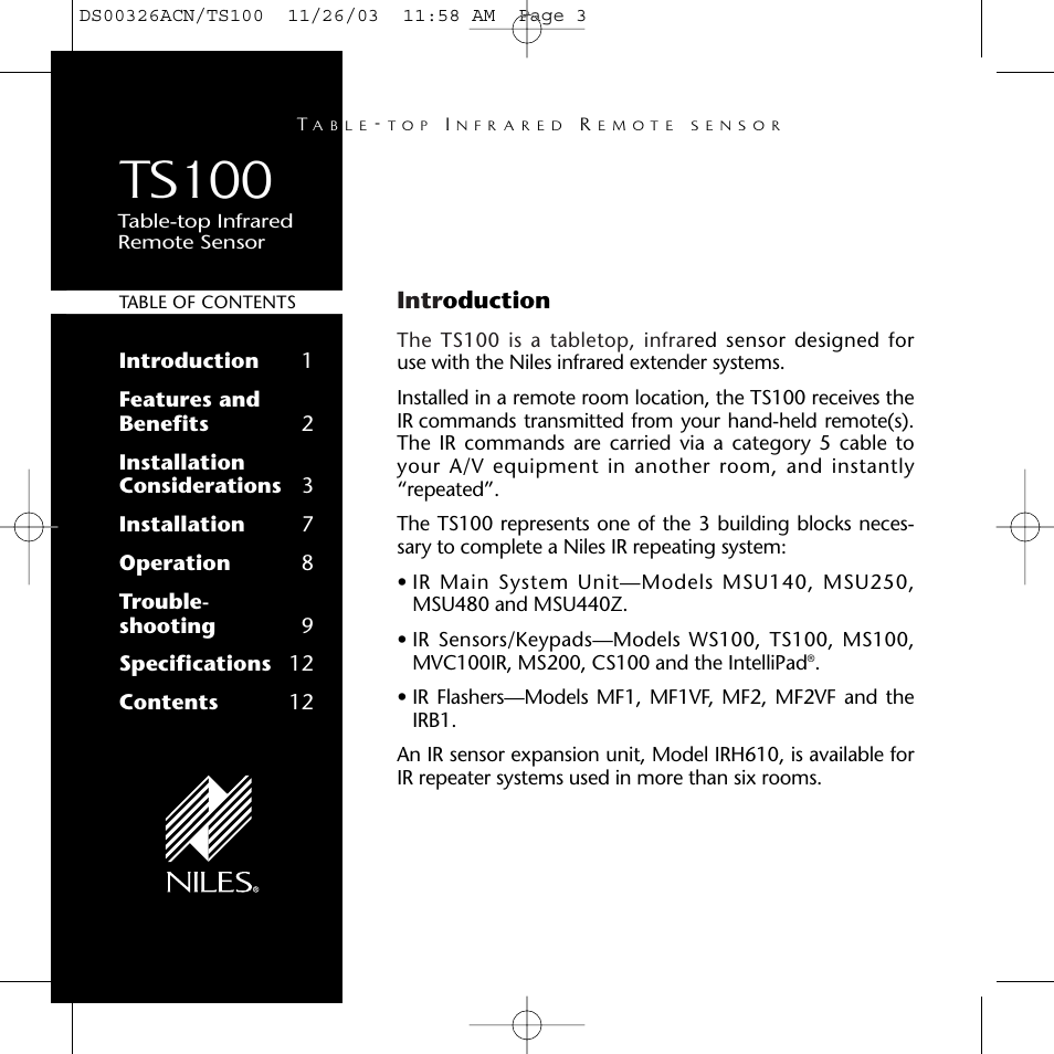 Ts100 | Niles Audio TS100 User Manual | Page 2 / 16