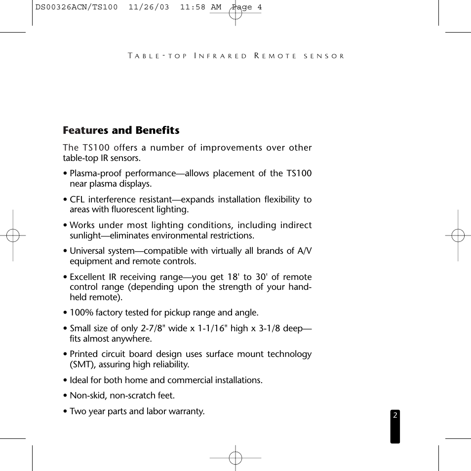 Featur es and benefits | Niles Audio TS100 User Manual | Page 3 / 16