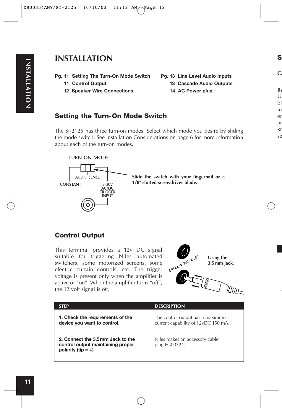Installation, Setting the turn-on mode switch, Control output | 11 inst alla tion s | Niles Audio SYMPTOM SI-2125 User Manual | Page 11 / 20