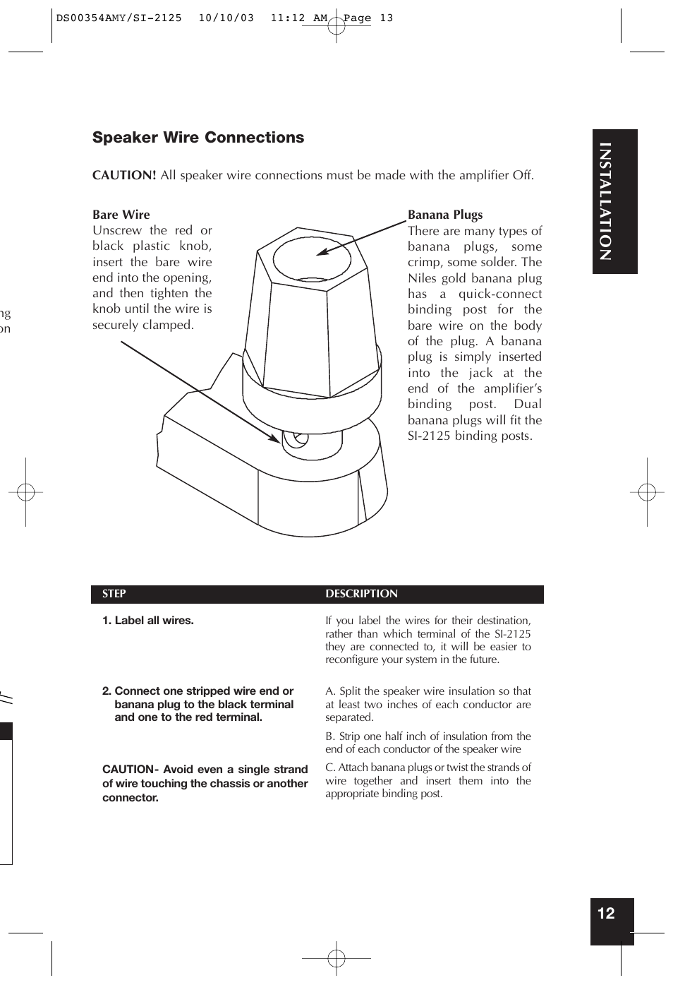 12 inst alla tion speaker wire connections | Niles Audio SYMPTOM SI-2125 User Manual | Page 12 / 20