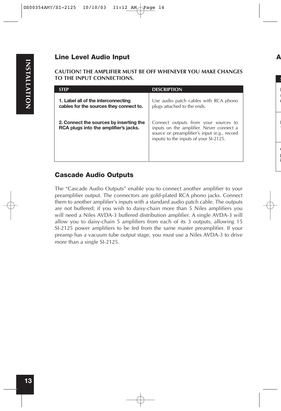 Line level audio input, Cascade audio outputs, 13 inst alla tion a | Niles Audio SYMPTOM SI-2125 User Manual | Page 13 / 20
