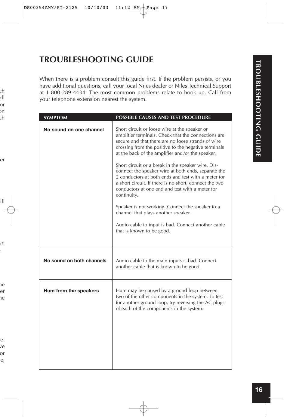 Troubleshooting guide, 16 troubleshooting guide | Niles Audio SYMPTOM SI-2125 User Manual | Page 16 / 20