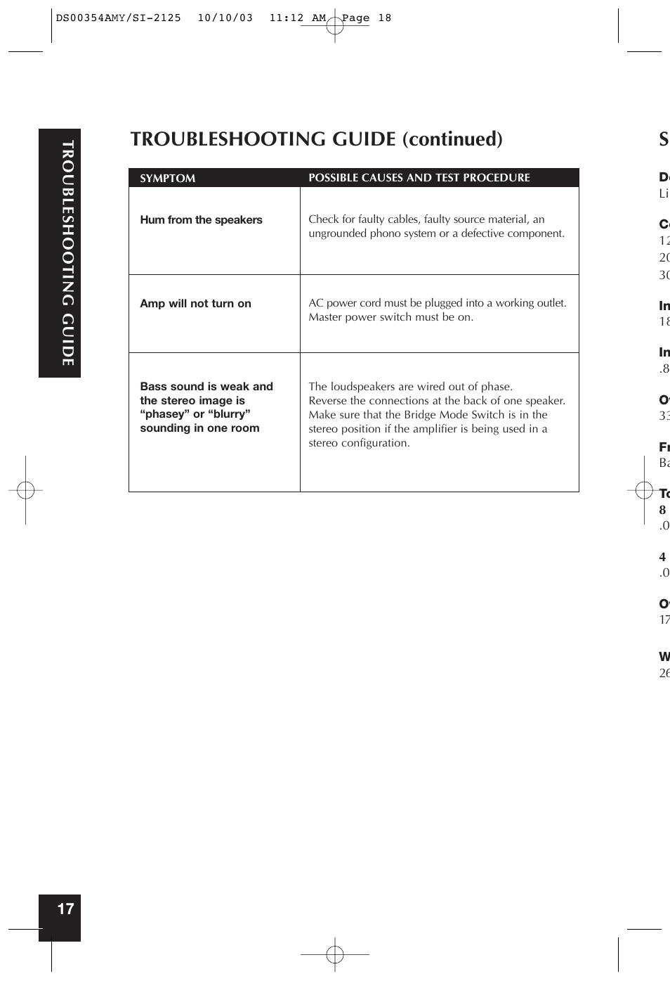 Troubleshooting guide (continued), Troubleshooting guide | Niles Audio SYMPTOM SI-2125 User Manual | Page 17 / 20