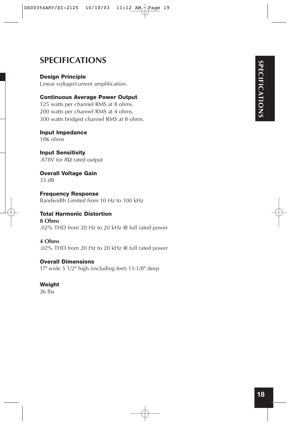 Specifications | Niles Audio SYMPTOM SI-2125 User Manual | Page 18 / 20