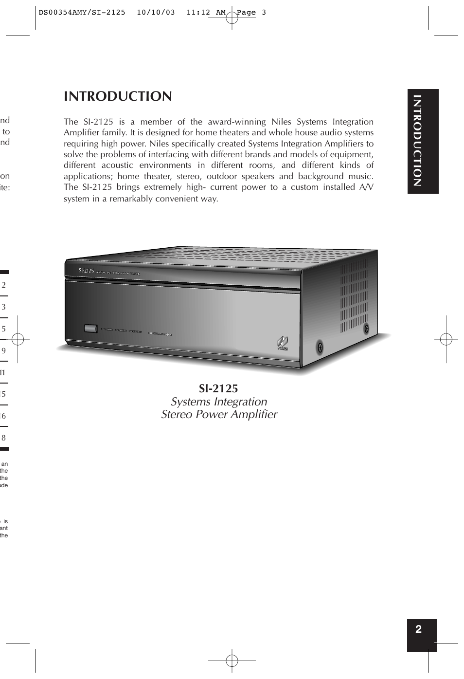 Introduction, Si-2125 systems integration stereo power amplifier, Introduction 2 | Niles Audio SYMPTOM SI-2125 User Manual | Page 2 / 20