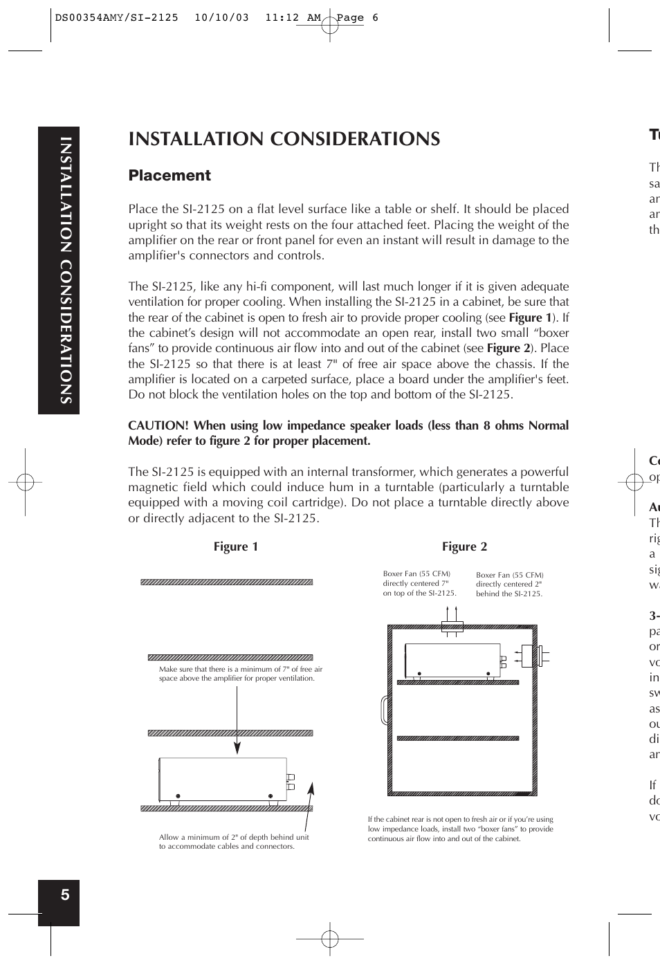 Installation considerations, Placement, Inst alla tion considera tions 5 | Niles Audio SYMPTOM SI-2125 User Manual | Page 5 / 20