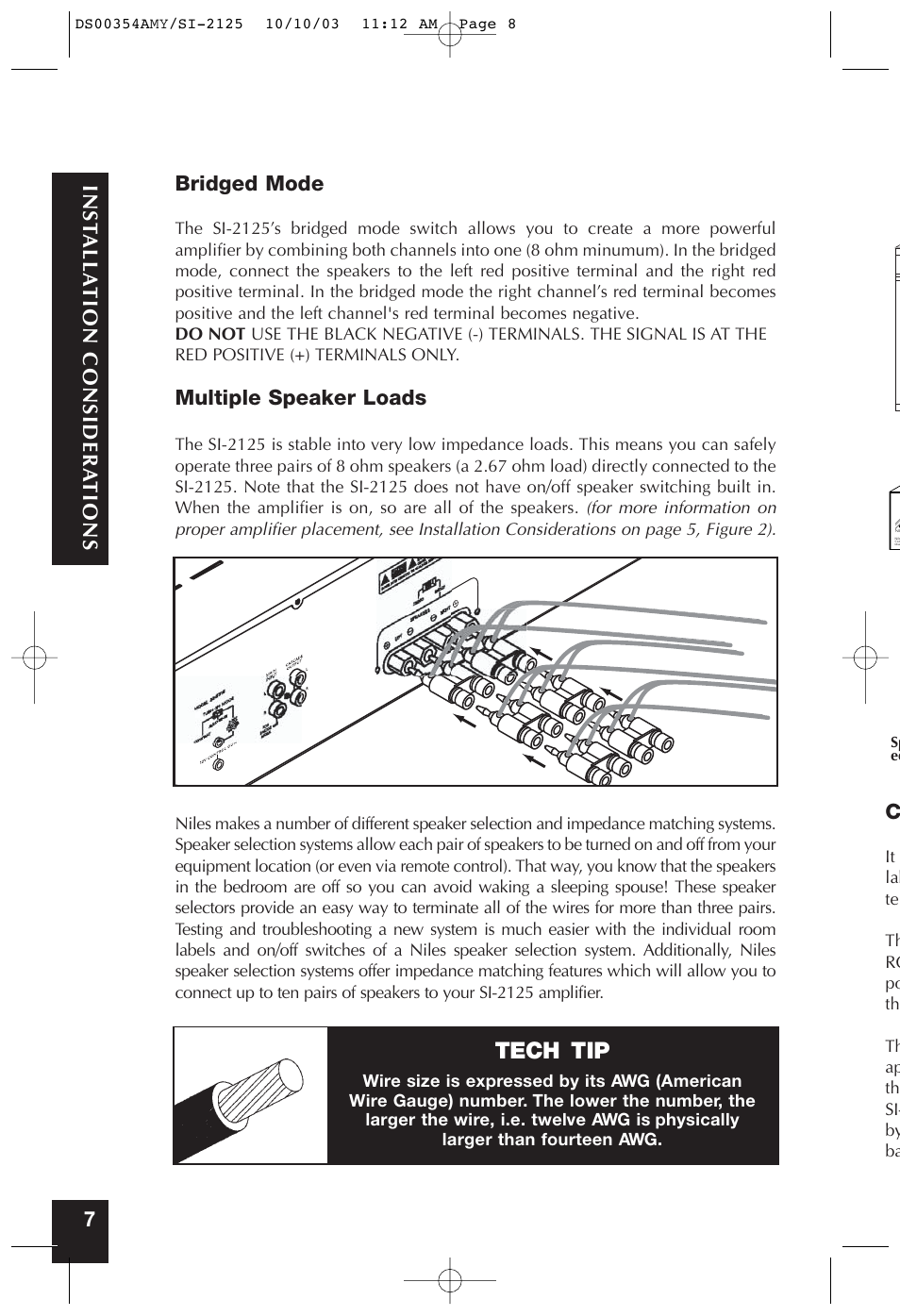 Tech tip, Bridged mode, Multiple speaker loads | Inst alla tion considera tions 7 | Niles Audio SYMPTOM SI-2125 User Manual | Page 7 / 20