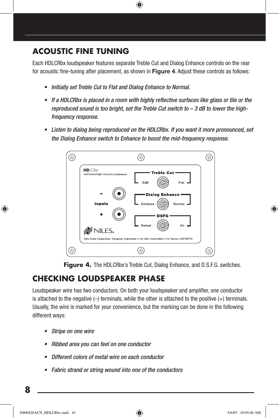 Acoustic fine tuning, Checking loudspeaker phase | Niles Audio HDLCRBX DS00420ACN User Manual | Page 10 / 16