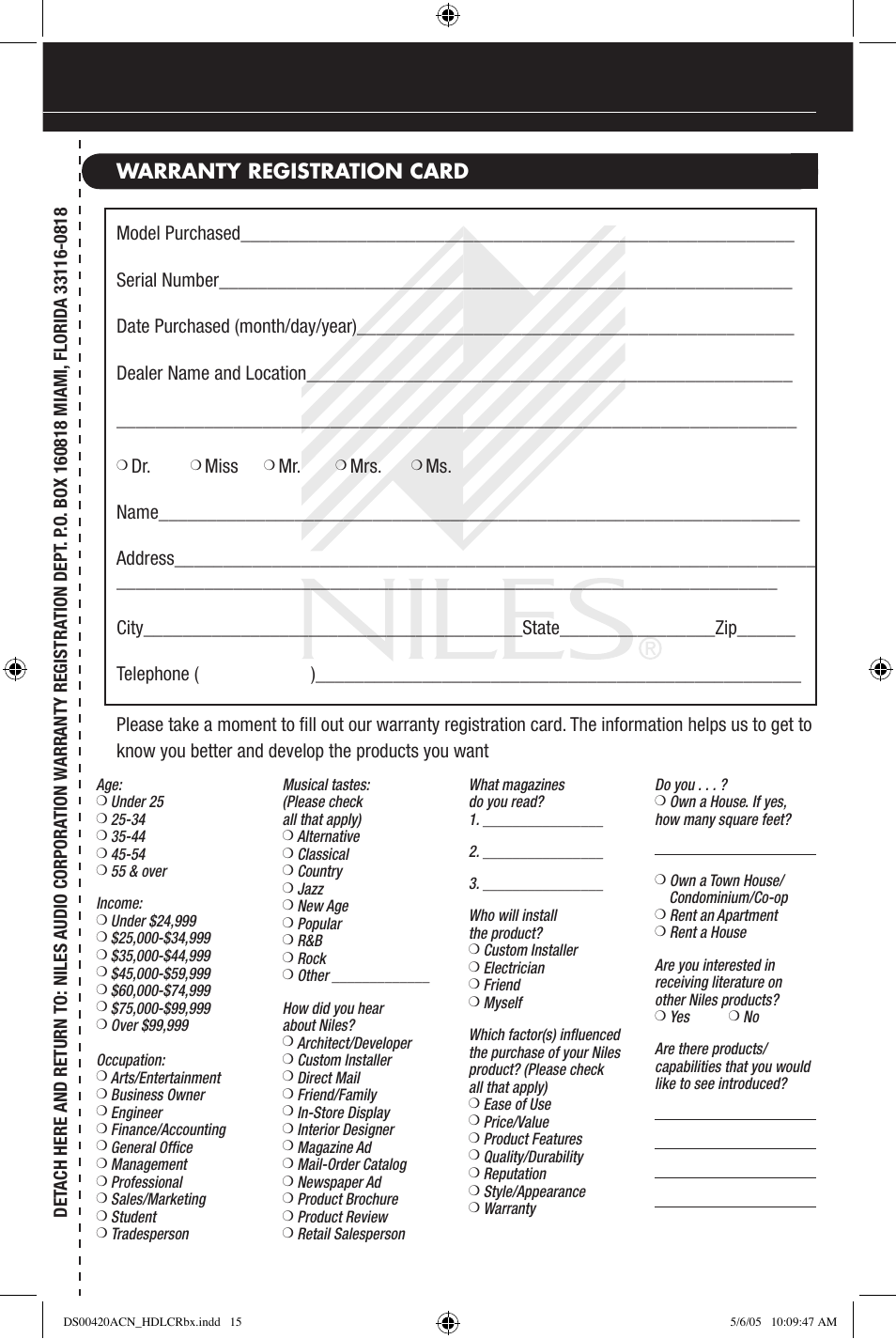Warranty registration card | Niles Audio HDLCRBX DS00420ACN User Manual | Page 15 / 16
