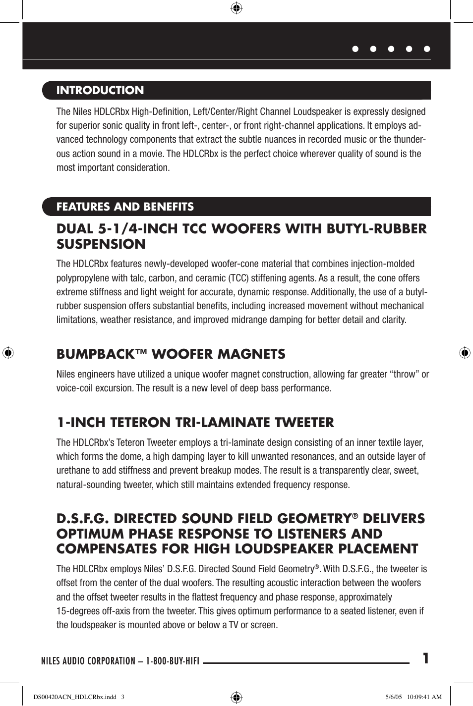 Bumpback™ woofer magnets, Inch teteron tri-laminate tweeter, D.s.f.g. directed sound field geometry | Niles Audio HDLCRBX DS00420ACN User Manual | Page 3 / 16