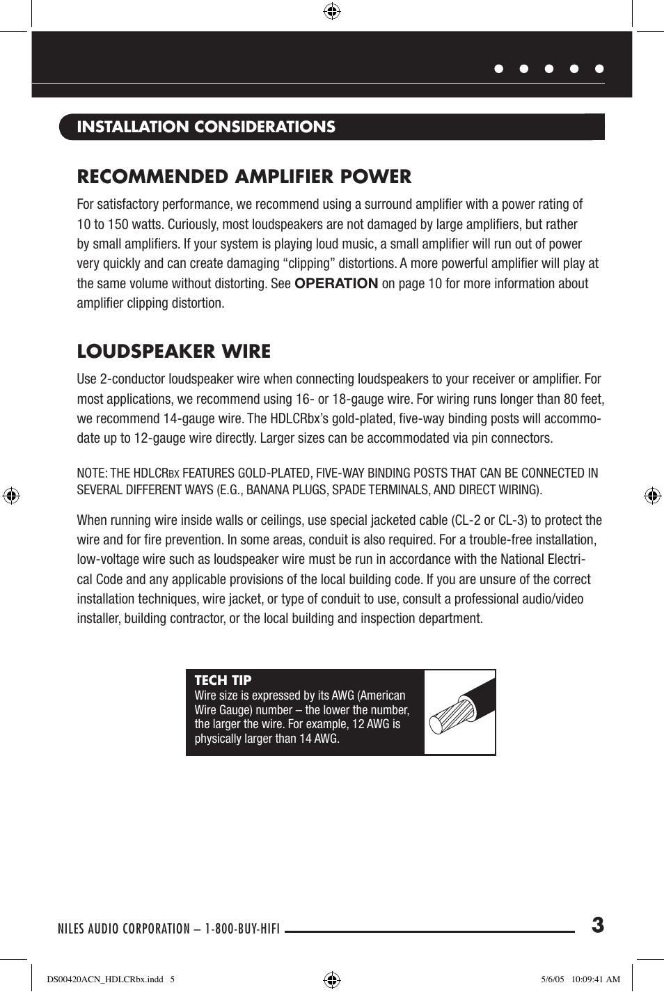 Recommended amplifier power, Loudspeaker wire | Niles Audio HDLCRBX DS00420ACN User Manual | Page 5 / 16