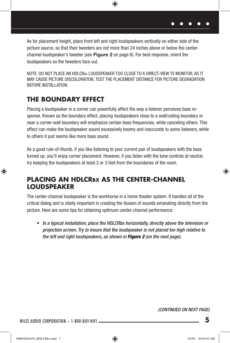 The boundary effect, Placing an hdlcr, As the center-channel loudspeaker | Niles Audio HDLCRBX DS00420ACN User Manual | Page 7 / 16