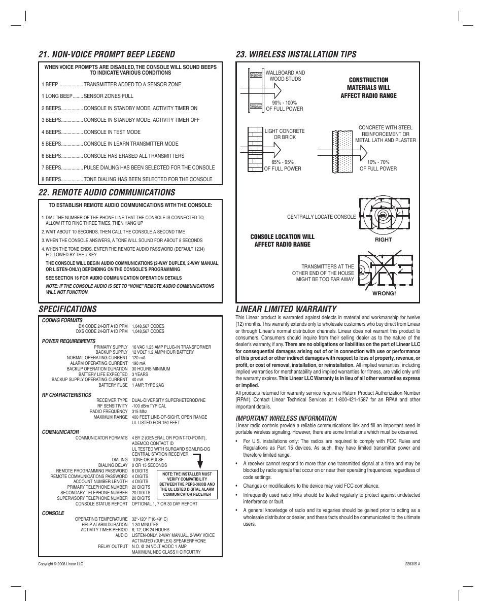 Specifications linear limited warranty | Niles Audio Personal Emergency Reporting System PERS-3600B User Manual | Page 8 / 8