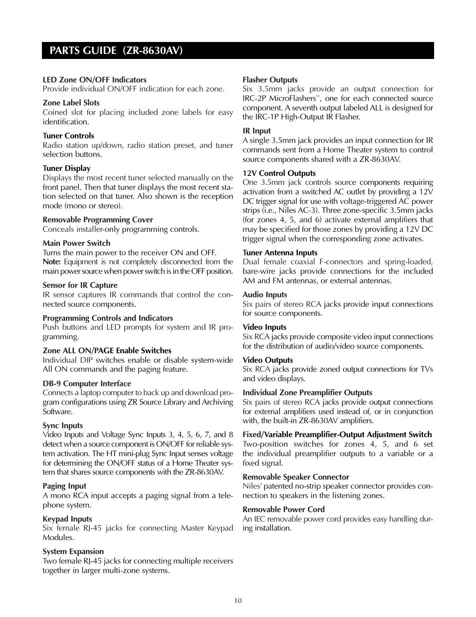 Parts guide (zr-8630av) | Niles Audio ZR-8630AVZR-8630AV User Manual | Page 10 / 86