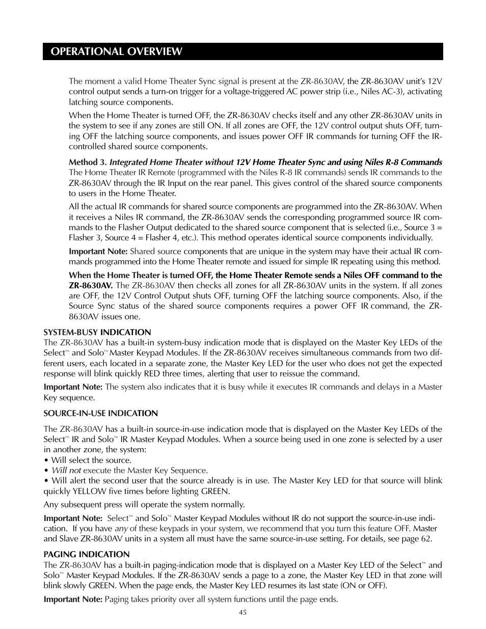 Operational overview | Niles Audio ZR-8630AVZR-8630AV User Manual | Page 45 / 86