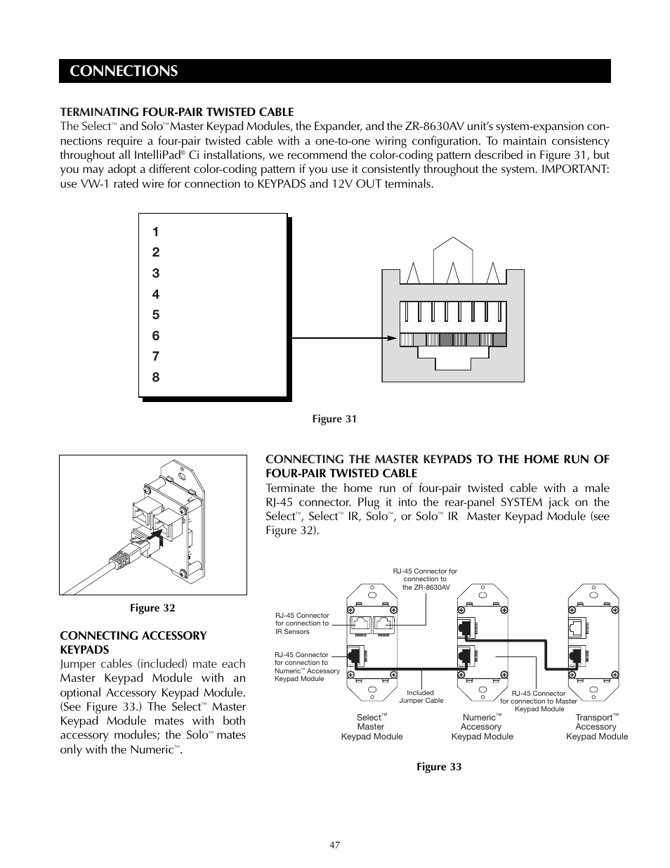Connections, Termina ting four-pair twisted cable the select, And solo | Mates only with the numeric, Select, Ir, solo, Or solo, Ir master keypad module (see figure 32) | Niles Audio ZR-8630AVZR-8630AV User Manual | Page 47 / 86