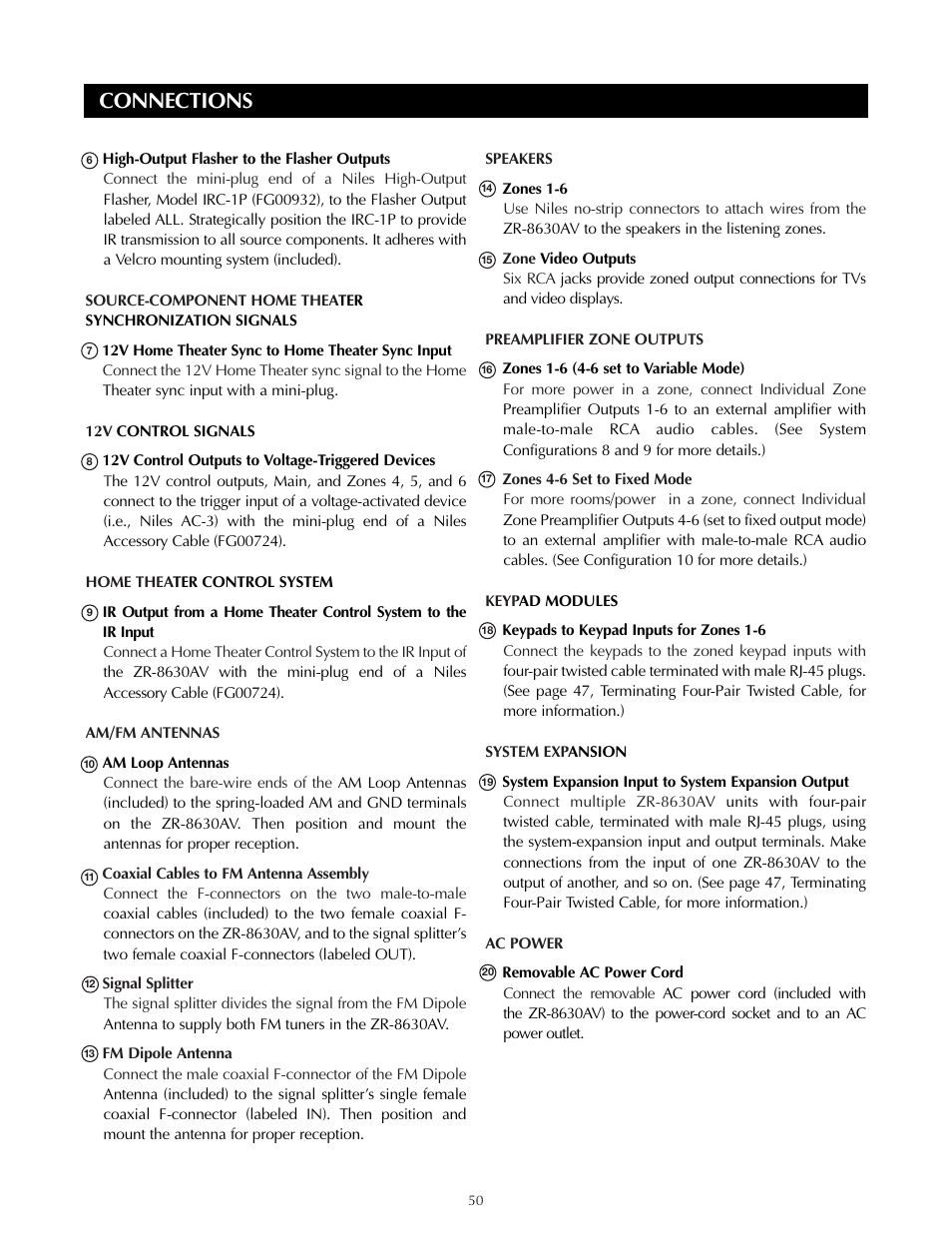 Connections | Niles Audio ZR-8630AVZR-8630AV User Manual | Page 50 / 86