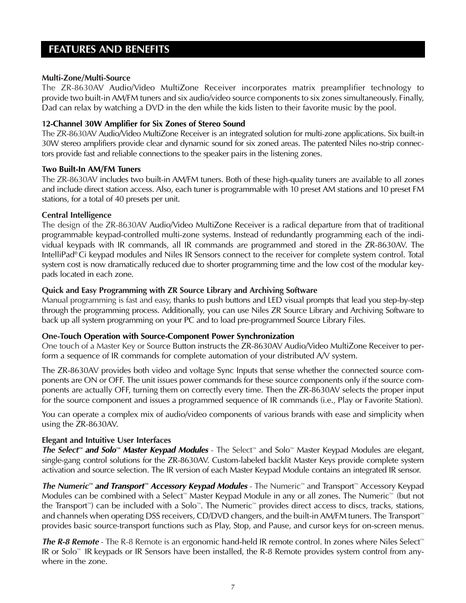 Features and benefits | Niles Audio ZR-8630AVZR-8630AV User Manual | Page 7 / 86