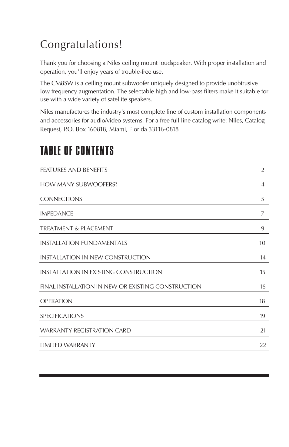 Niles Audio Niles CM8SW User Manual | Page 2 / 24