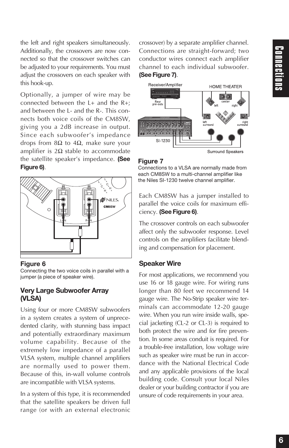 Con nec tio ns, Very large subwoofer array (vlsa), Speaker wire | Niles Audio Niles CM8SW User Manual | Page 7 / 24