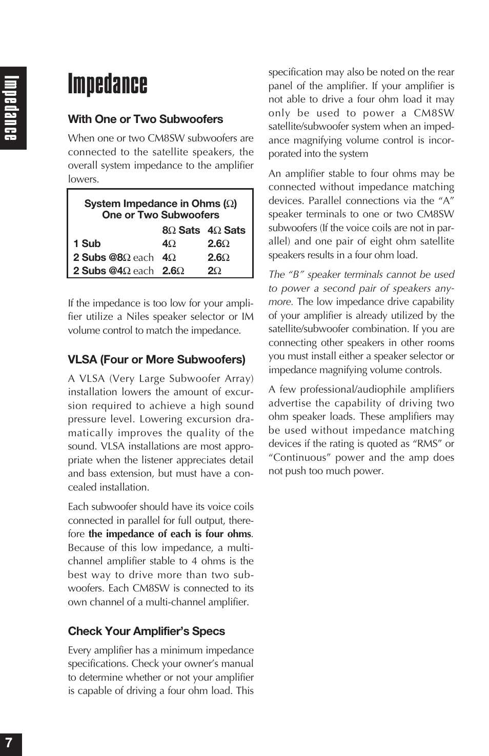 Impedance, Im ped anc e | Niles Audio Niles CM8SW User Manual | Page 8 / 24